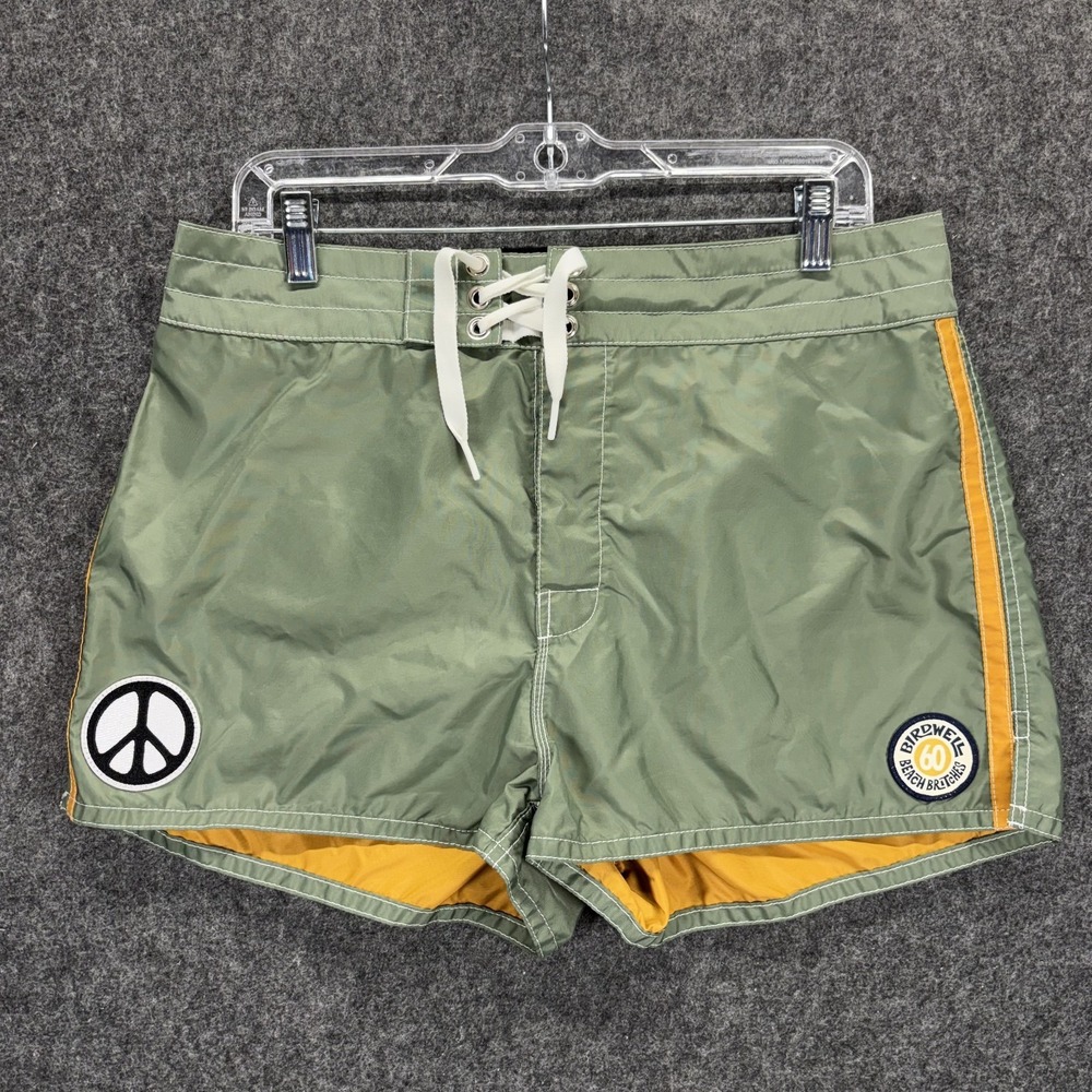 Birdwell Beach Britches Swim Trunk Shorts Womens 14 Peace Sign Green Yellow USA